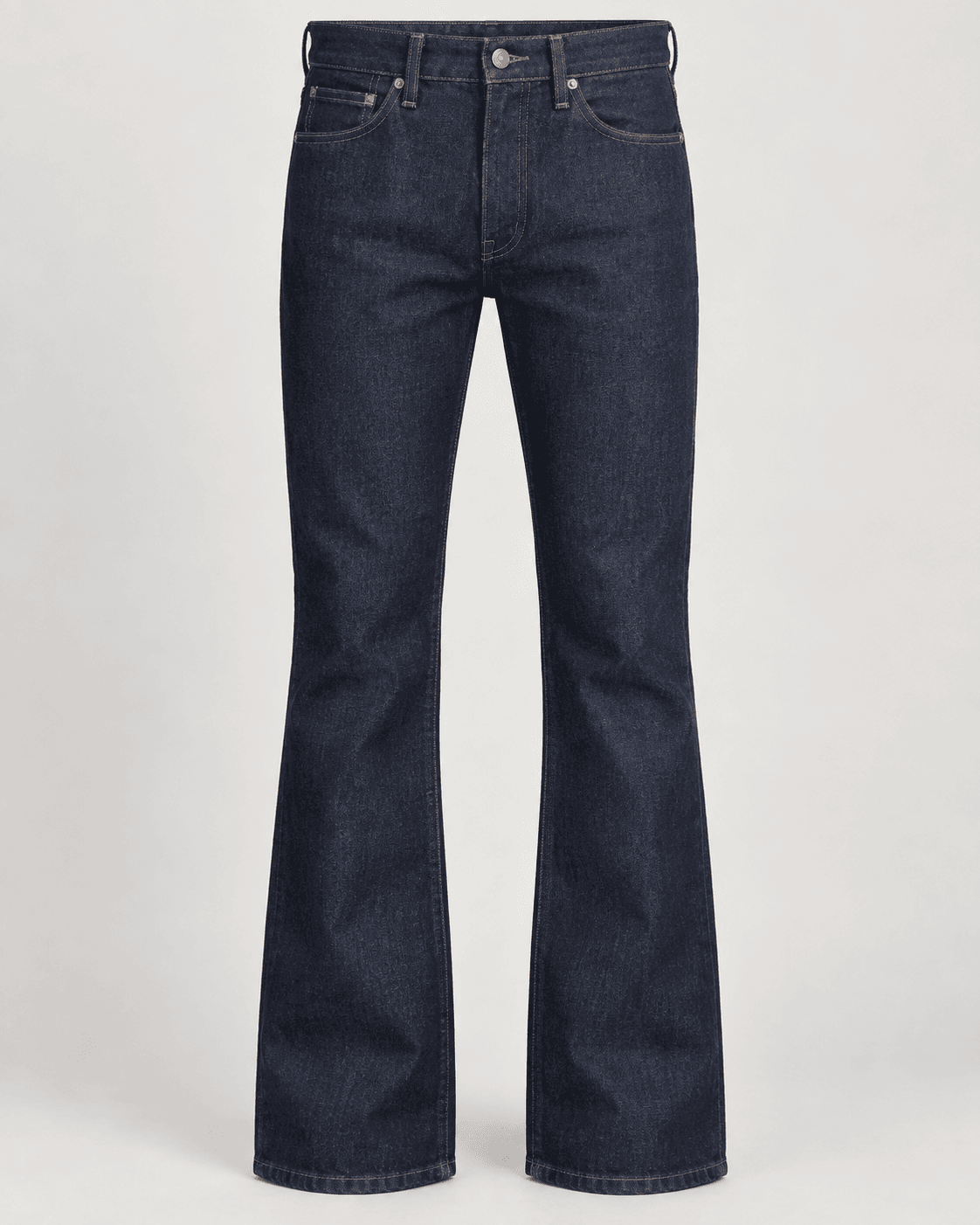 Classic dark indigo rigid denim men's bootcut jeans, front product view, copper stitching, clean rinse wash. AI-generated design reference.
