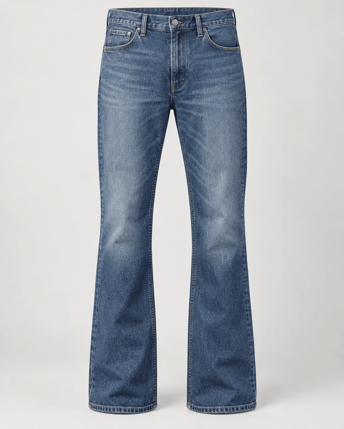Relaxed-fit medium indigo men's bootcut jeans, front product view, roomier seat and thigh and moderate boot opening, subtle worn-in wash. AI-generated design reference.