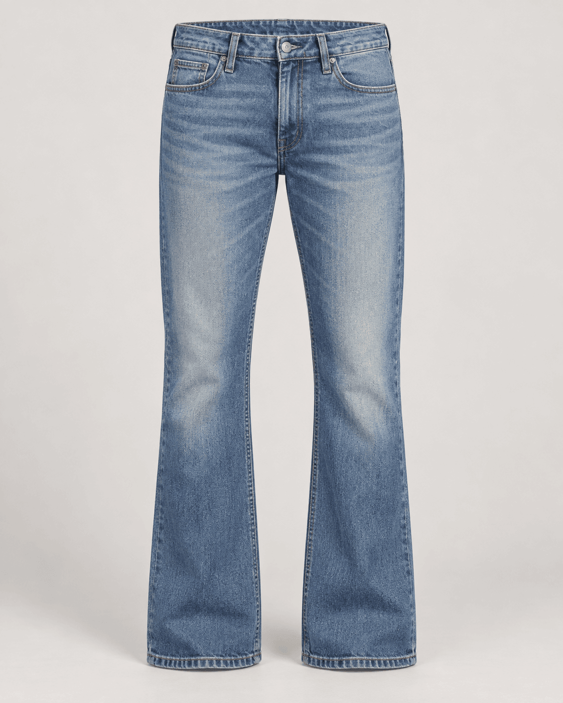 Vintage medium-light blue men's bootcut jeans, front product view, subtle whiskering and faded thighs, clean intact hems. AI-generated design reference.