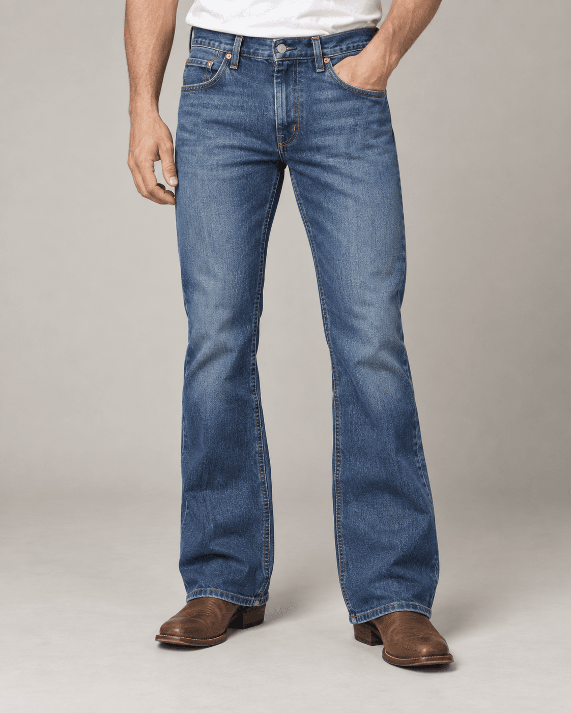 Men’s medium-blue bootcut jeans worn over brown boots, AI-generated design reference