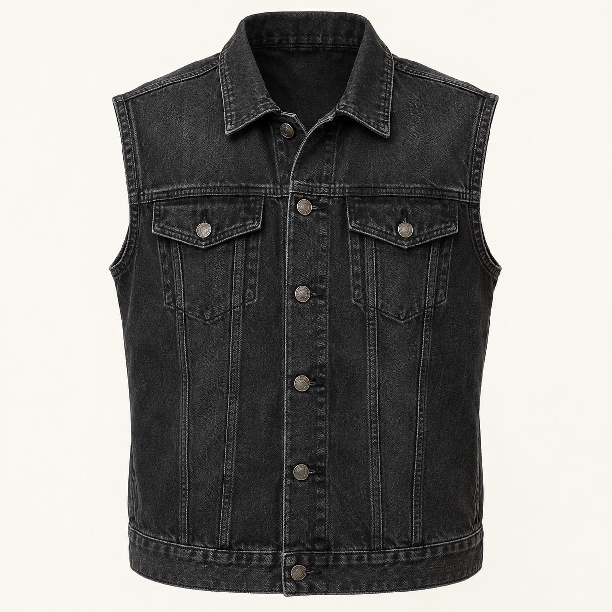 Men's black denim vest, AI-generated design reference