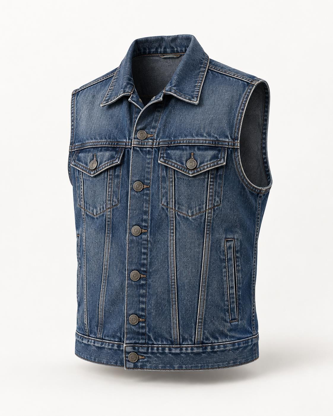 Men's indigo trucker denim vest, AI-generated design reference
