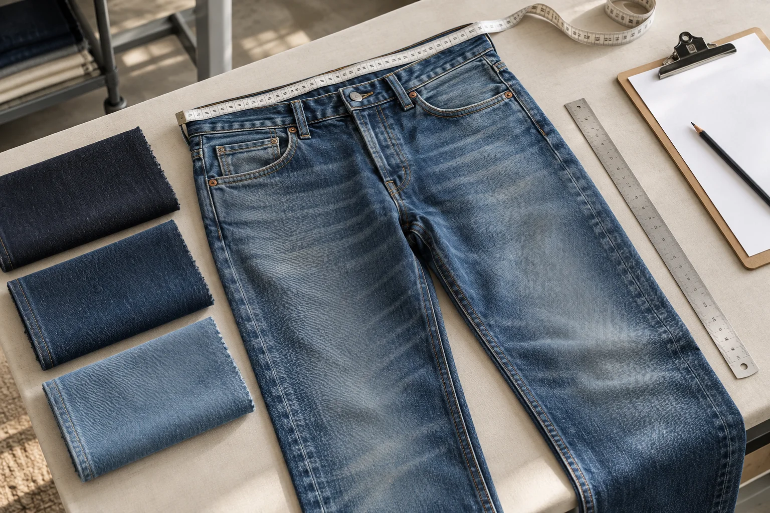 Washed jeans on a sample inspection table with denim shade swatches and a waistband measuring tape