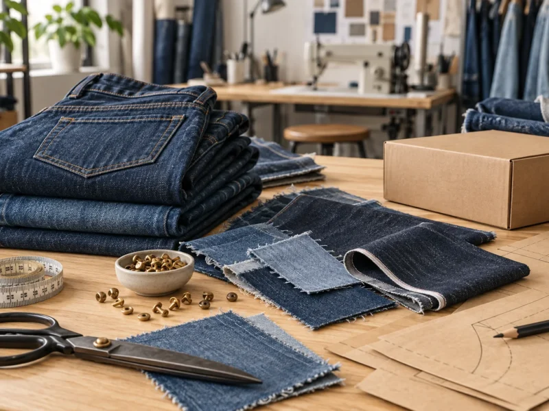 Small-batch denim sourcing materials with jeans, fabric swatches, patterns and a shipping carton