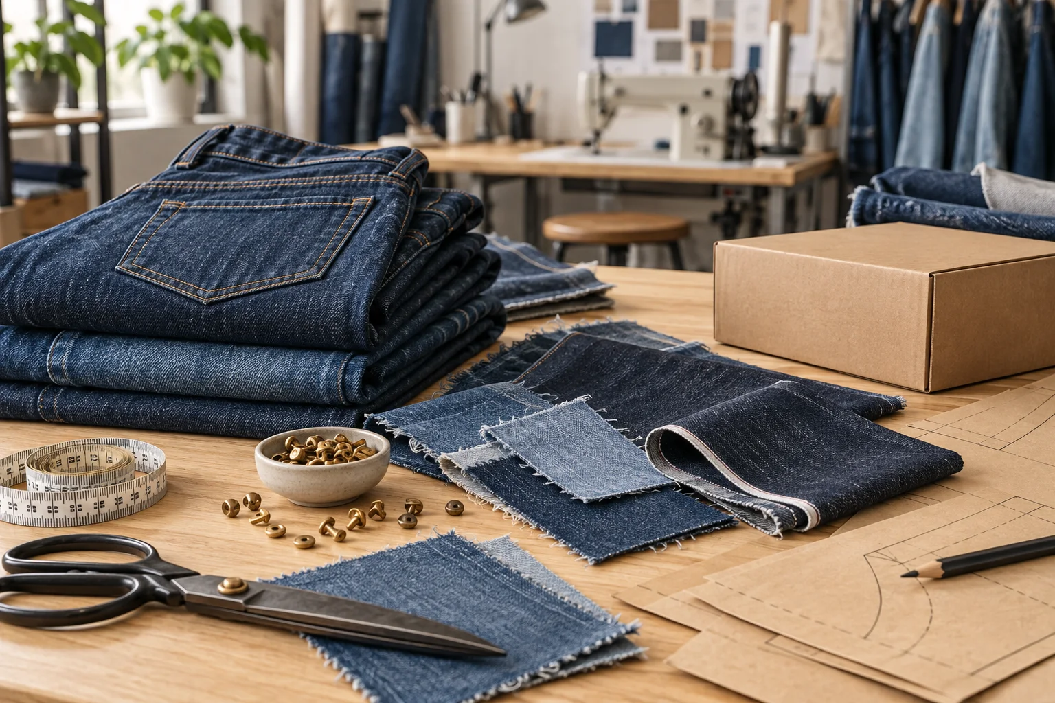 Small-batch denim sourcing materials with jeans, fabric swatches, patterns and a shipping carton