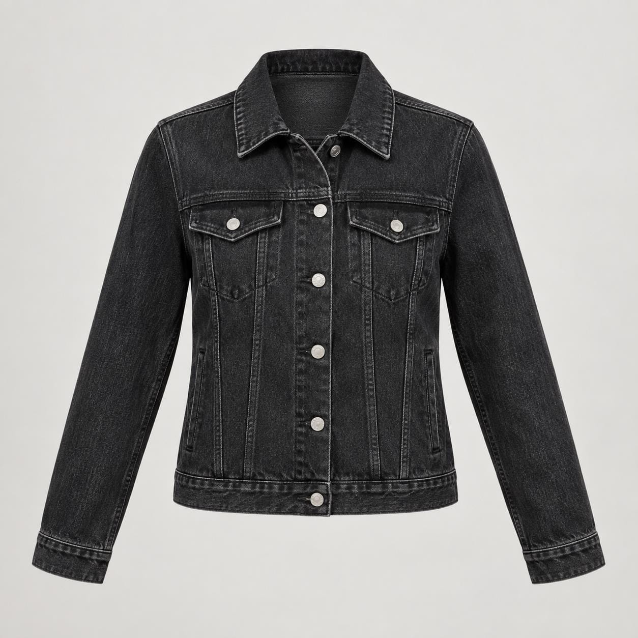 Women's washed black denim jean jacket, front view