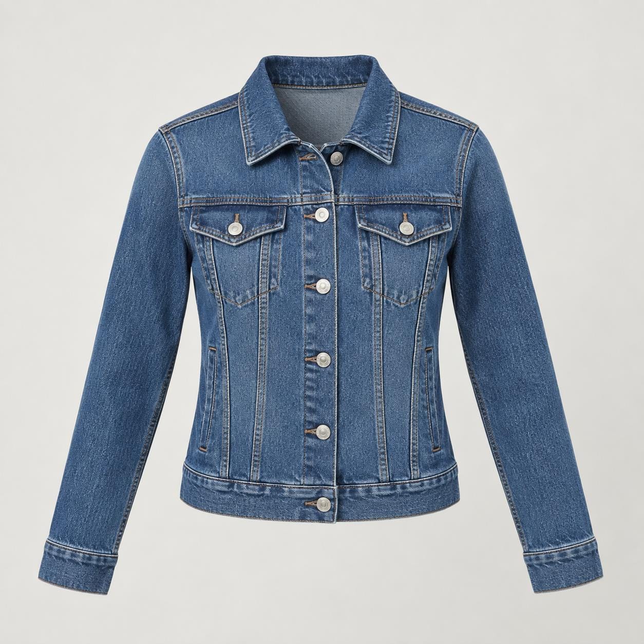 Women's classic indigo denim jean jacket, front view