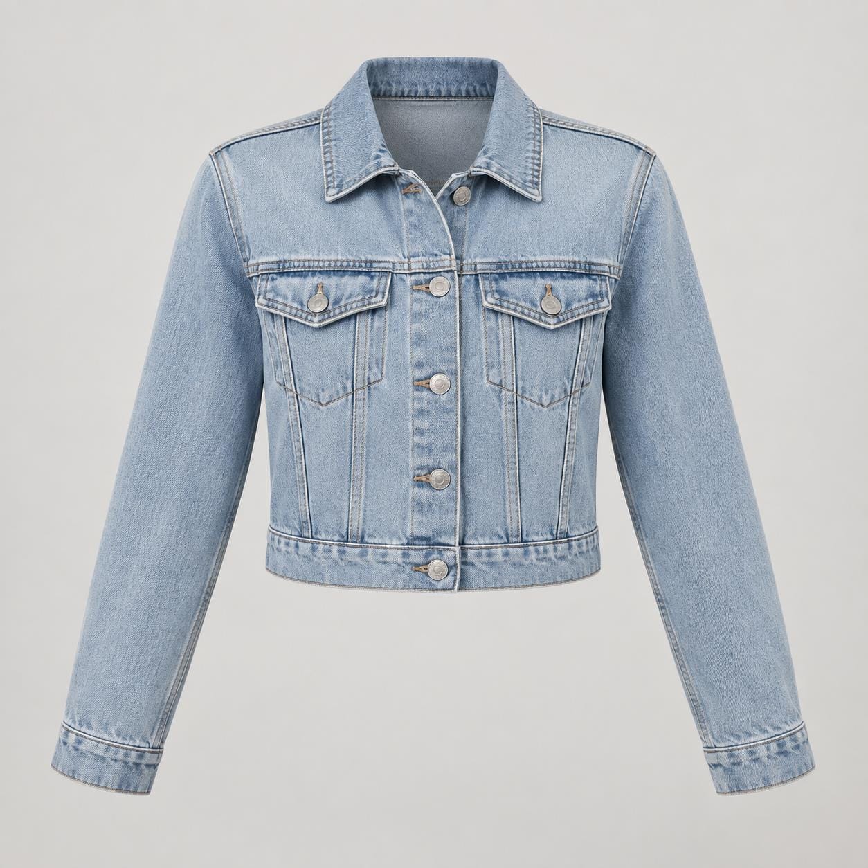 Women's cropped light blue denim jean jacket, front view