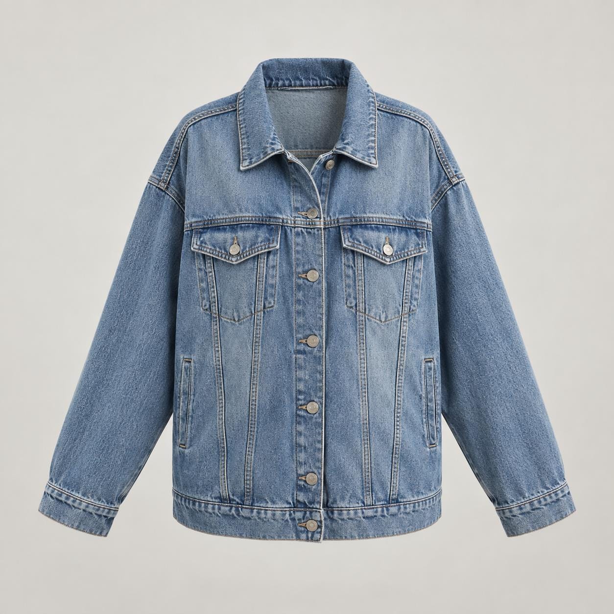 Women's oversized vintage blue denim jean jacket, front view