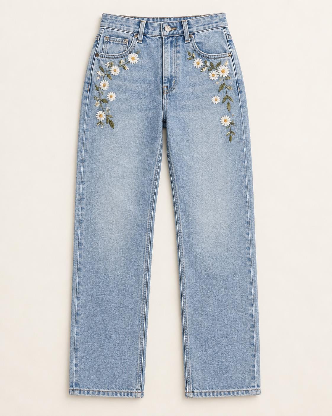 Women's embroidered denim jeans, daisy straight design reference