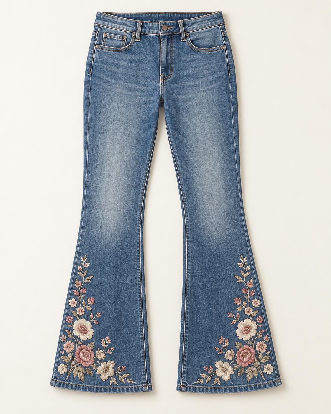 Women's embroidered denim jeans, floral bootcut design reference