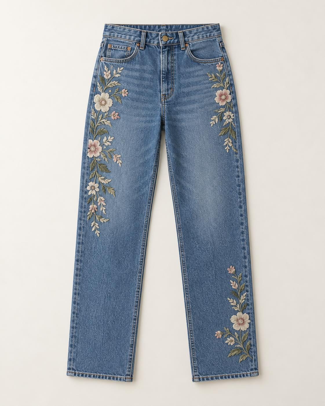 Women's embroidered denim jeans, hero floral design reference