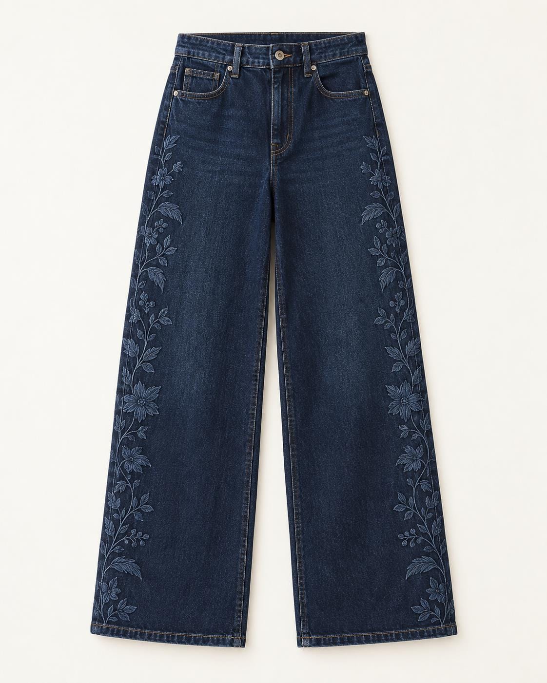 Women's embroidered denim jeans, tonal wide leg design reference