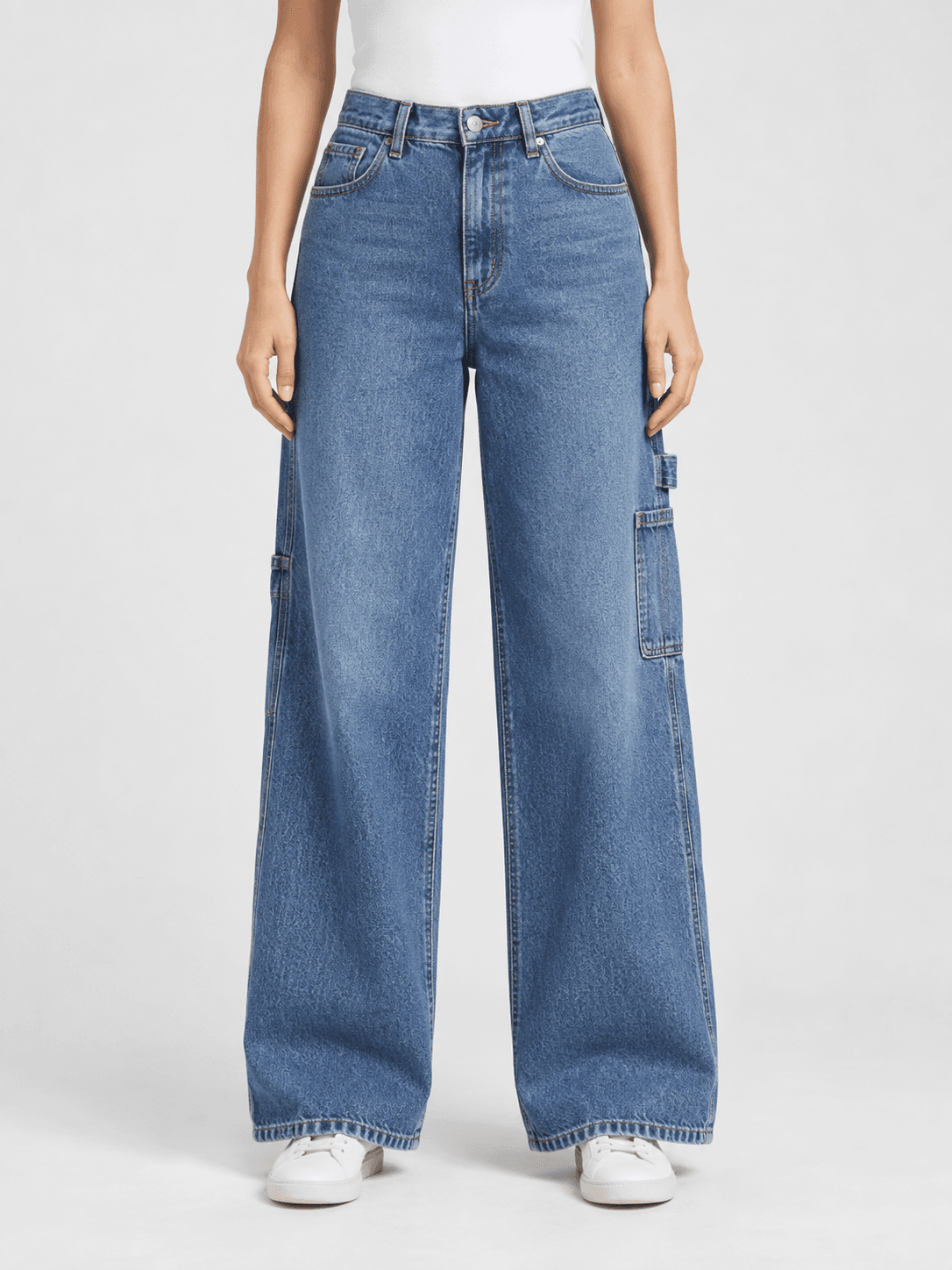 AI-generated carpenter style women's wide leg jeans design reference