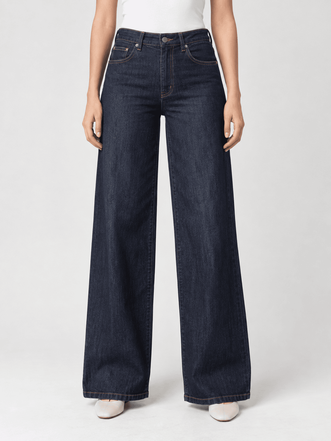 AI-generated deep indigo women's wide leg jeans design reference