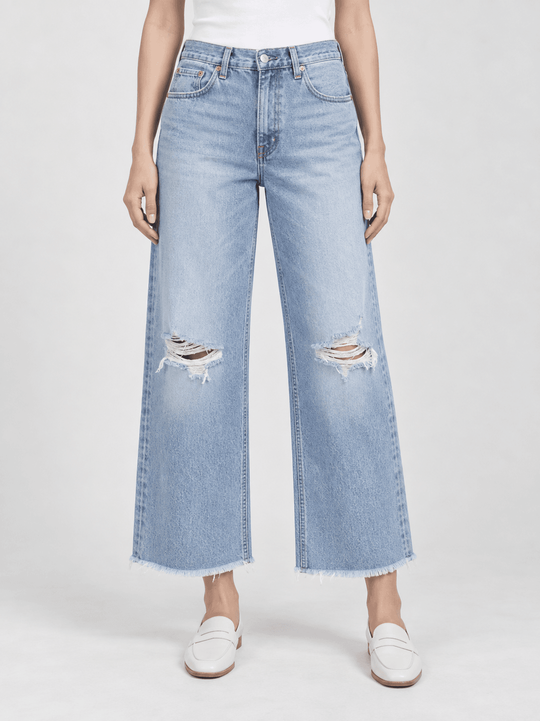 AI-generated distressed crop women's wide leg jeans design reference
