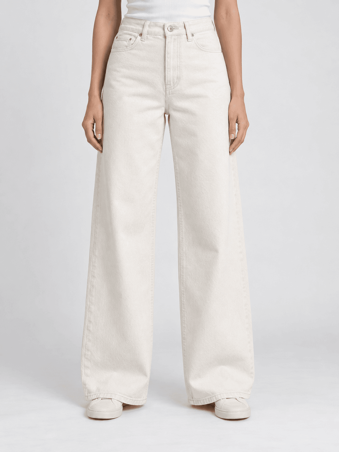 AI-generated ecru white women's wide leg jeans design reference