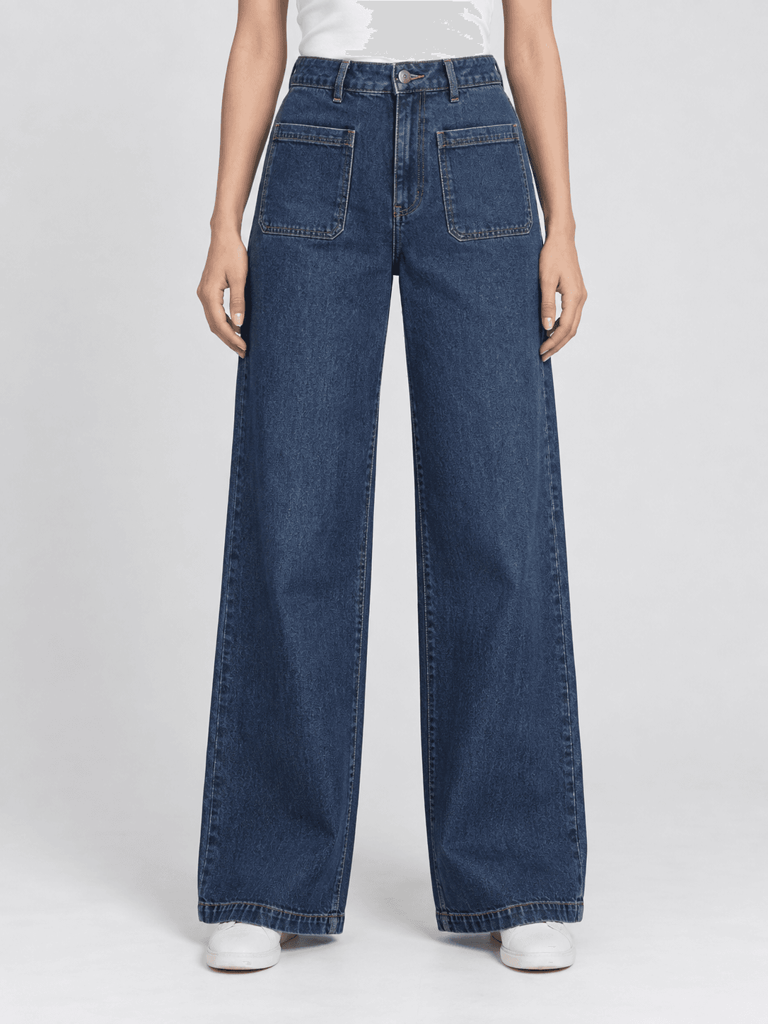 AI-generated front patch pocket women's wide leg jeans design reference