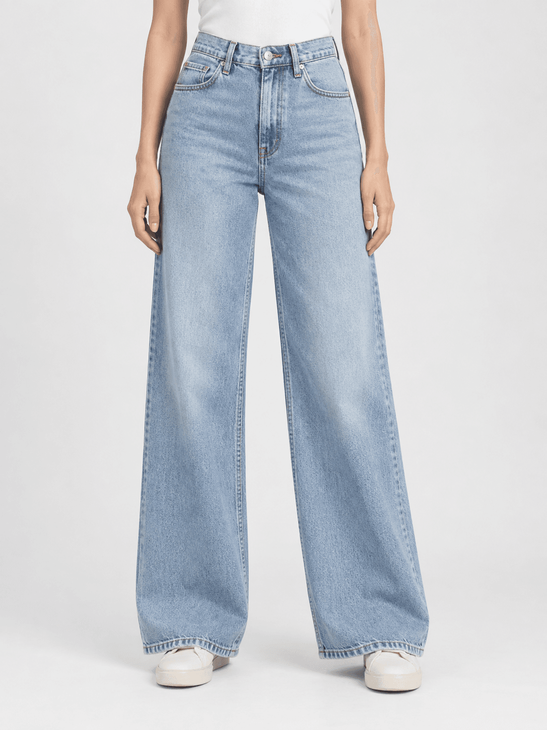 AI-generated vintage light blue women's wide leg jeans design reference