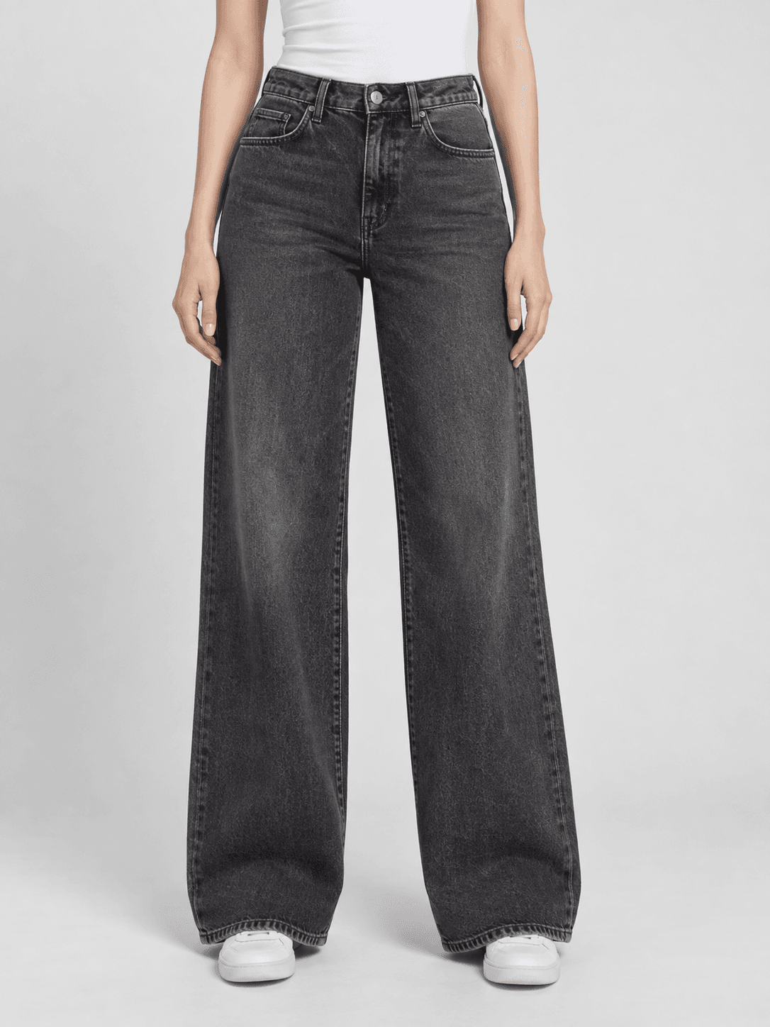 AI-generated washed charcoal women's wide leg jeans design reference