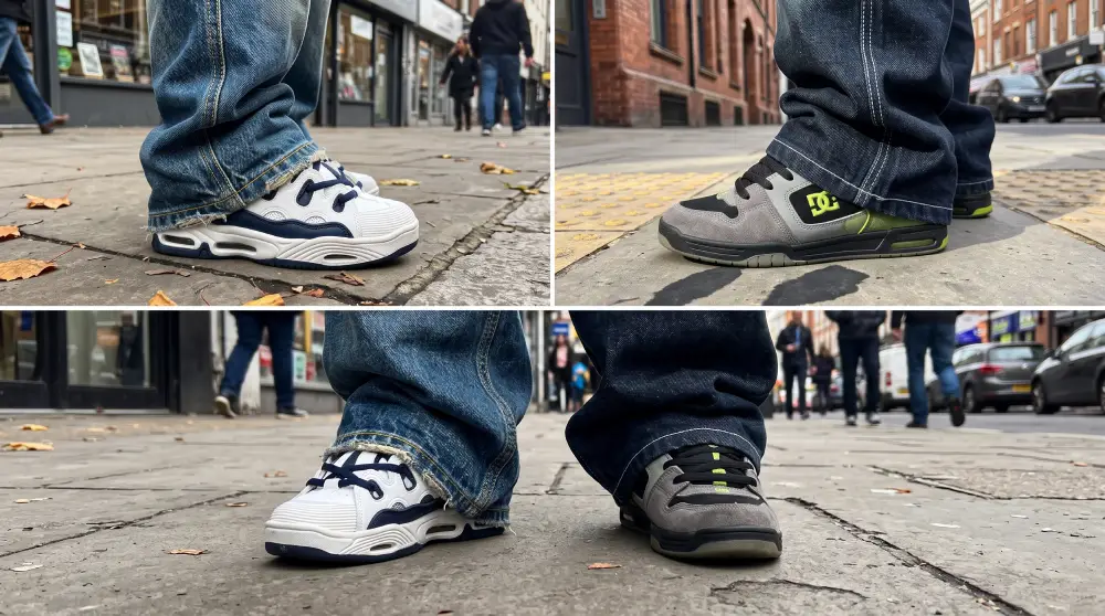 y2k baggy jeans stacking sneakers hem drape