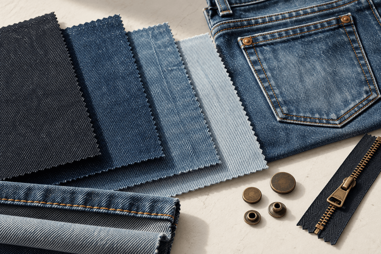 Indigo denim wash swatches beside a stitched jeans pocket, copper rivets, buttons and metal zipper