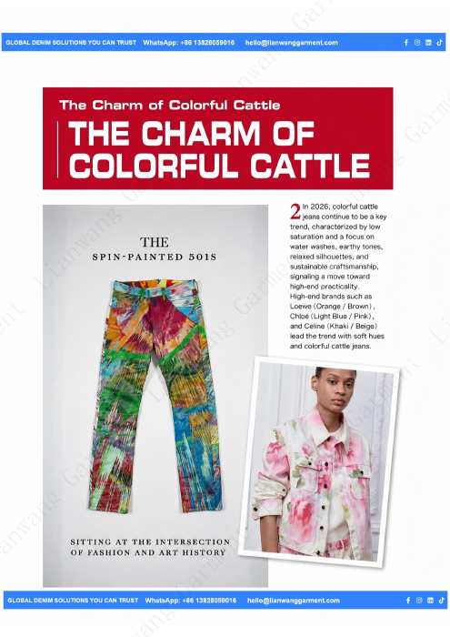 Magazine page showing colorful spin-painted jeans and a painterly denim jacket.