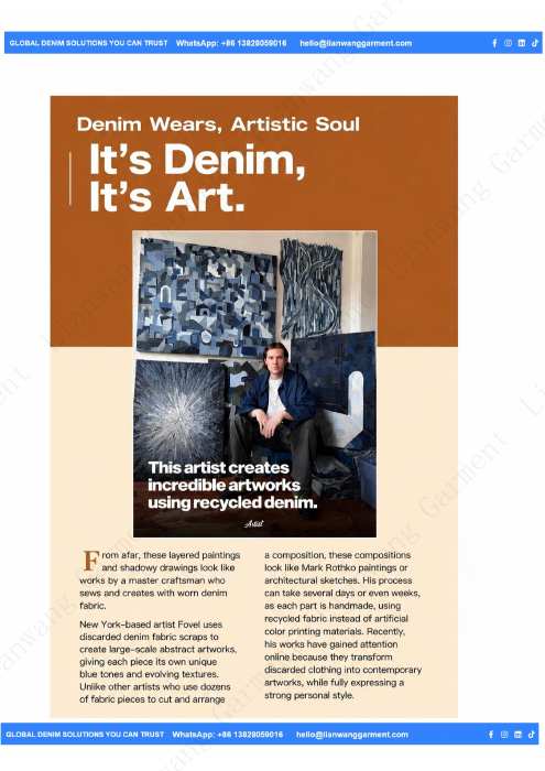 Magazine page featuring denim artist Fovel and artwork made with recycled denim.