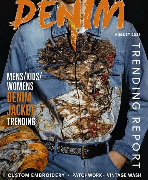 Cover of August 2026 Denim Trending Report featuring denim jacket with custom embroidery and patchwork.