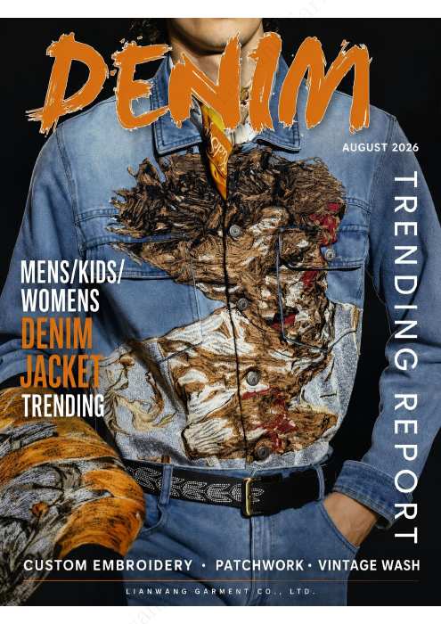 Cover of the August 2026 Denim Trending Report: a denim jacket with custom embroidery, patchwork, and vintage wash.